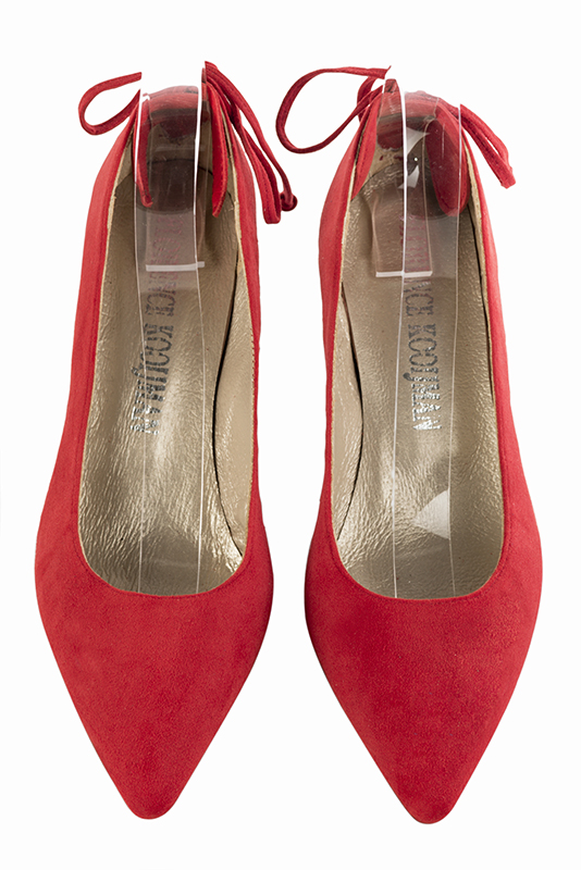 Scarlet red women's dress pumps, with a round neckline. Pointed toe. Medium slim heel. Top view - Florence KOOIJMAN